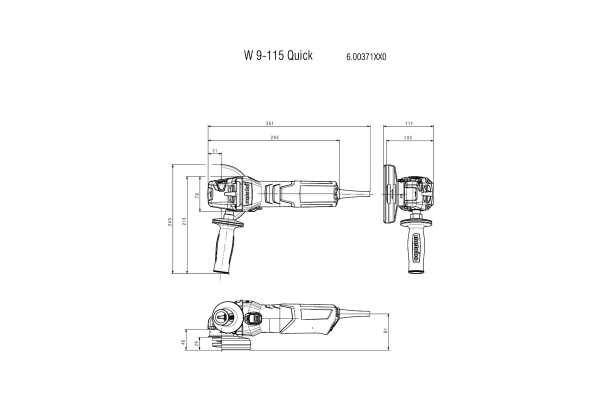Metabo 800 Watt Angle Grinder W9-115 diagram with specs